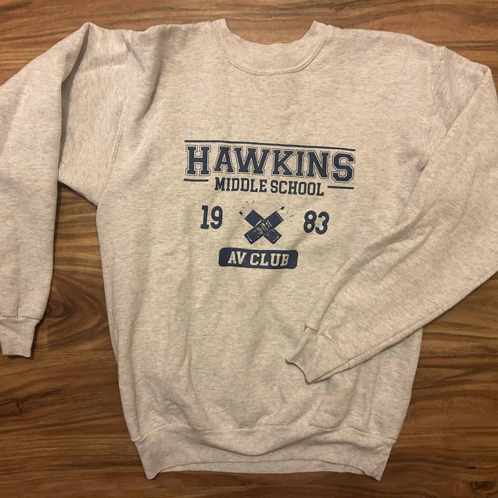 HAWKINS MIDDLE SCHOOL AV CLUB Hanes Gray Crewneck Sweater